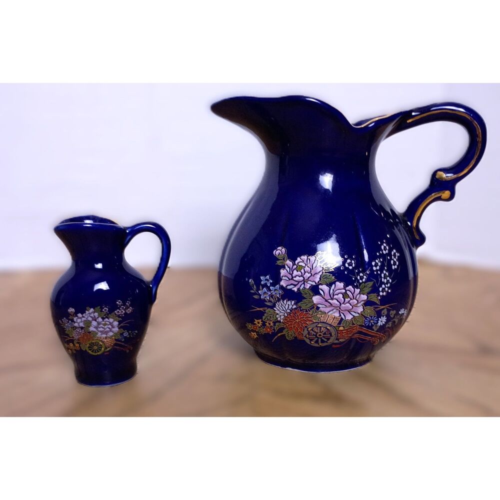 Vintage Japanese Cobalt Blue Porcelain Pitchers with Gold Floral Designs